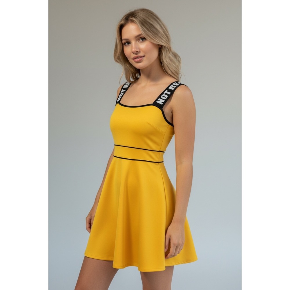 ONLY Yellow Scuba Skater Dress Size 36/Small Graphic Straps Fit & Flare‎ Mini